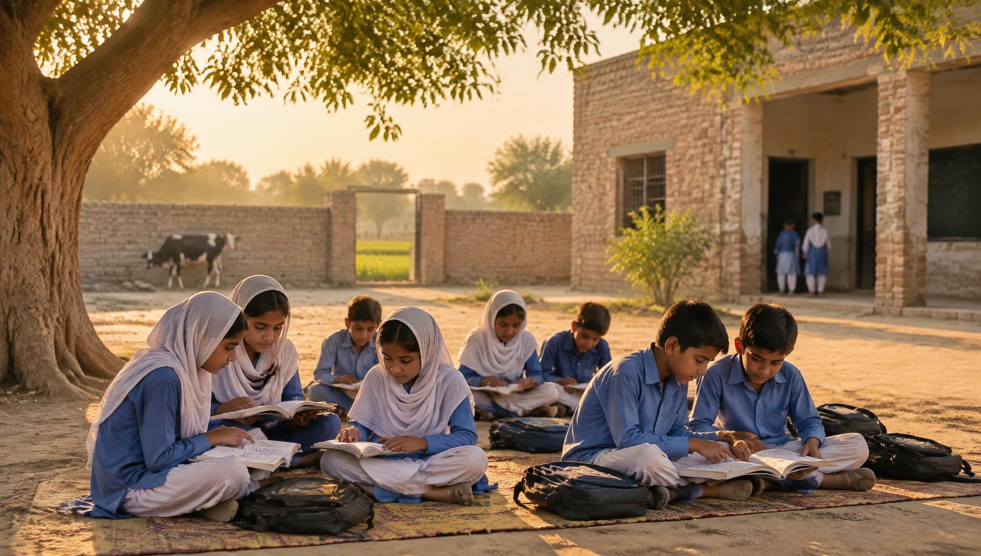 Children reading in a village schoolyard